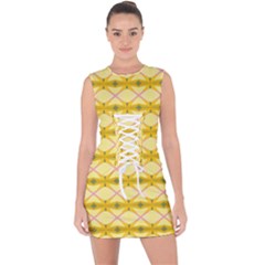 Pattern Pink Yellow Lace Up Front Bodycon Dress