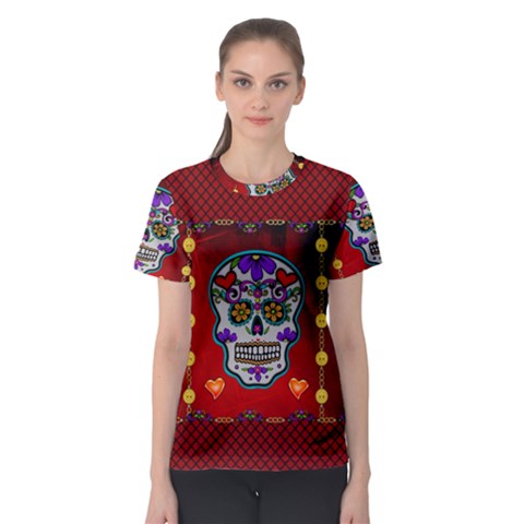 Awesome Sugar Skull With Hearts Women s Sport Mesh Tee by FantasyWorld7