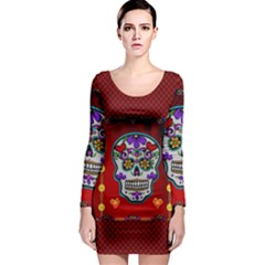 Awesome Sugar Skull With Hearts Long Sleeve Bodycon Dress by FantasyWorld7