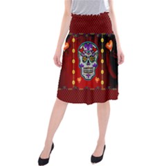 Awesome Sugar Skull With Hearts Midi Beach Skirt by FantasyWorld7