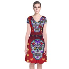 Awesome Sugar Skull With Hearts Short Sleeve Front Wrap Dress