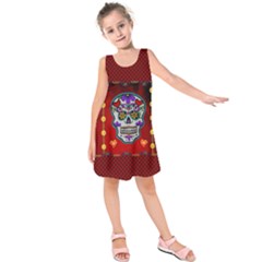 Awesome Sugar Skull With Hearts Kids  Sleeveless Dress by FantasyWorld7