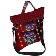 Awesome Sugar Skull With Hearts Fold Over Handle Tote Bag by FantasyWorld7