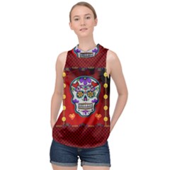 Awesome Sugar Skull With Hearts High Neck Satin Top by FantasyWorld7