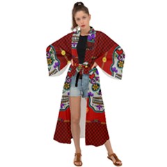 Awesome Sugar Skull With Hearts Maxi Kimono