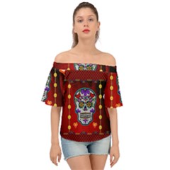 Awesome Sugar Skull With Hearts Off Shoulder Short Sleeve Top by FantasyWorld7