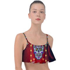 Awesome Sugar Skull With Hearts Frill Bikini Top