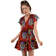 Awesome Sugar Skull With Hearts Flutter Sleeve Wrap Dress