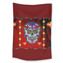 Awesome Sugar Skull With Hearts Large Tapestry by FantasyWorld7