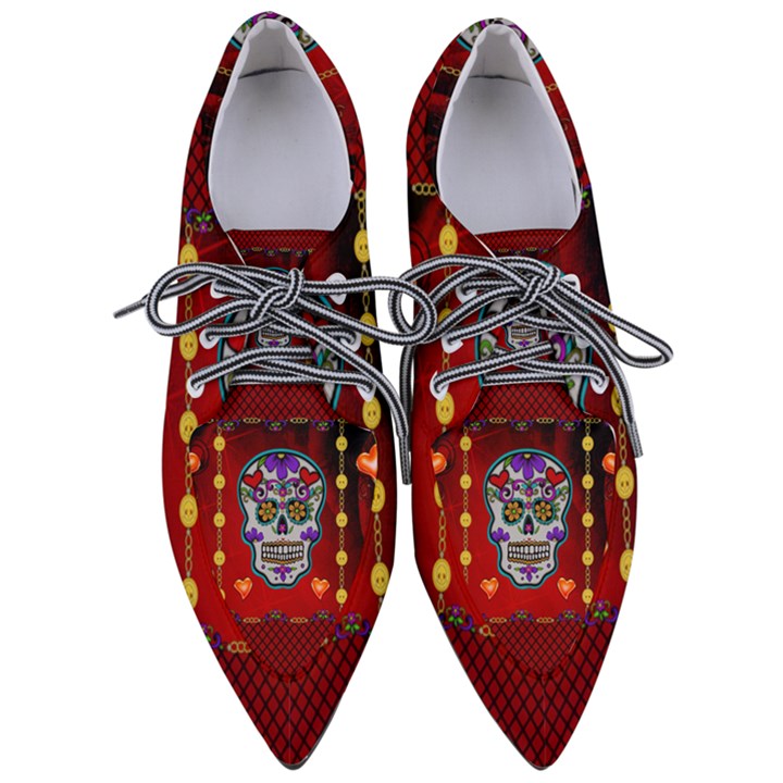 Awesome Sugar Skull With Hearts Women s Pointed Oxford Shoes