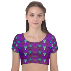 Peace Is Cool Again And Decorative Flowers Velvet Short Sleeve Crop Top  by pepitasart