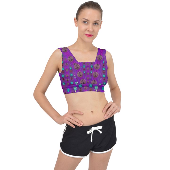 Peace Is Cool Again And Decorative Flowers V-Back Sports Bra