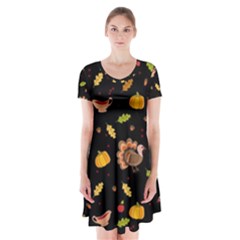 Thanksgiving Turkey Pattern Short Sleeve V-neck Flare Dress by Valentinaart