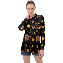 Thanksgiving Turkey Pattern Long Sleeve Satin Shirt