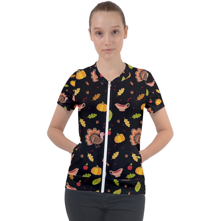 Thanksgiving Turkey pattern Short Sleeve Zip Up Jacket