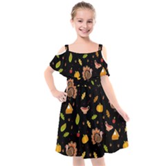 Thanksgiving Turkey Pattern Kids  Cut Out Shoulders Chiffon Dress by Valentinaart