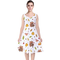 Thanksgiving Turkey Pattern V-neck Midi Sleeveless Dress  by Valentinaart