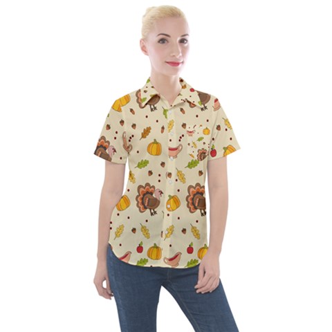 Thanksgiving Turkey Pattern Women s Short Sleeve Pocket Shirt by Valentinaart