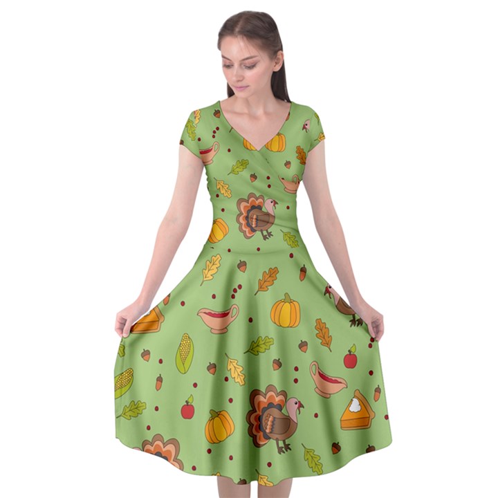 Thanksgiving Turkey pattern Cap Sleeve Wrap Front Dress