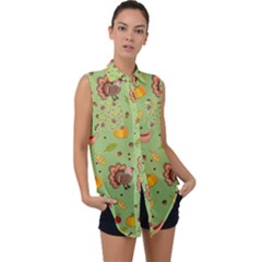 Thanksgiving Turkey Pattern Sleeveless Chiffon Button Shirt