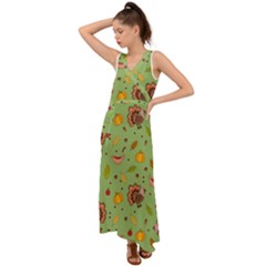 Thanksgiving Turkey Pattern V-neck Chiffon Maxi Dress