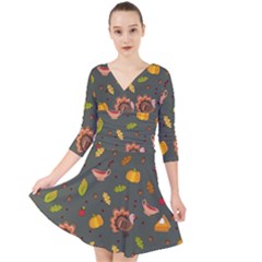 Thanksgiving Turkey Pattern Quarter Sleeve Front Wrap Dress by Valentinaart