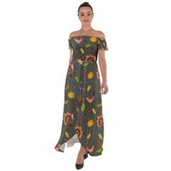 Thanksgiving Turkey Pattern Off Shoulder Open Front Chiffon Dress