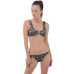 Thanksgiving Turkey Pattern Ring Detail Crop Bikini Set