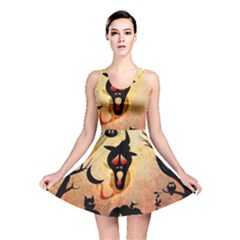 Funny Halloween Design, Pumpkin, Cat, Owl And Crow Reversible Skater Dress by FantasyWorld7