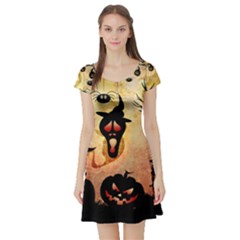 Funny Halloween Design, Pumpkin, Cat, Owl And Crow Short Sleeve Skater Dress by FantasyWorld7