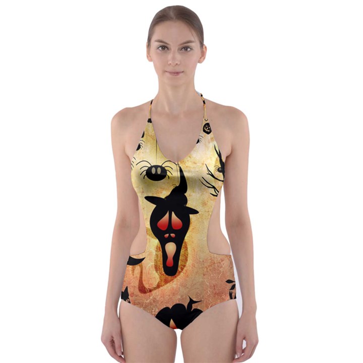 Funny Halloween Design, Pumpkin, Cat, Owl And Crow Cut-Out One Piece Swimsuit