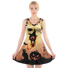 Funny Halloween Design, Pumpkin, Cat, Owl And Crow V-neck Sleeveless Dress by FantasyWorld7