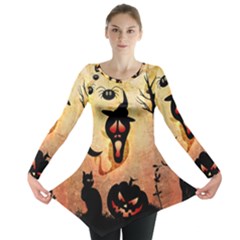 Funny Halloween Design, Pumpkin, Cat, Owl And Crow Long Sleeve Tunic  by FantasyWorld7