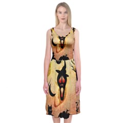 Funny Halloween Design, Pumpkin, Cat, Owl And Crow Midi Sleeveless Dress by FantasyWorld7