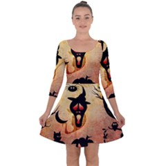 Funny Halloween Design, Pumpkin, Cat, Owl And Crow Quarter Sleeve Skater Dress by FantasyWorld7