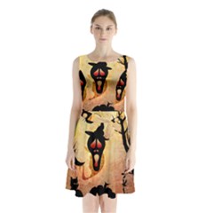 Funny Halloween Design, Pumpkin, Cat, Owl And Crow Sleeveless Waist Tie Chiffon Dress by FantasyWorld7