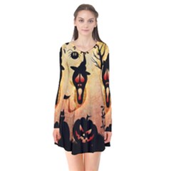 Funny Halloween Design, Pumpkin, Cat, Owl And Crow Long Sleeve V-neck Flare Dress by FantasyWorld7