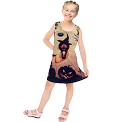 Funny Halloween Design, Pumpkin, Cat, Owl And Crow Kids  Tunic Dress by FantasyWorld7