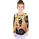 Funny Halloween Design, Pumpkin, Cat, Owl And Crow Kids  Long Sleeve Tee View1