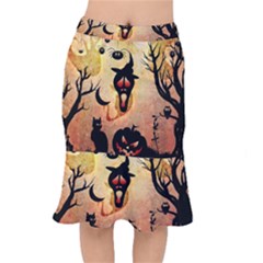 Funny Halloween Design, Pumpkin, Cat, Owl And Crow Short Mermaid Skirt by FantasyWorld7