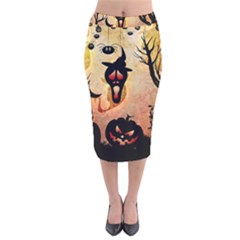 Funny Halloween Design, Pumpkin, Cat, Owl And Crow Velvet Midi Pencil Skirt by FantasyWorld7