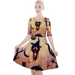 Funny Halloween Design, Pumpkin, Cat, Owl And Crow Quarter Sleeve A-line Dress by FantasyWorld7