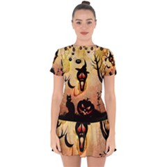 Funny Halloween Design, Pumpkin, Cat, Owl And Crow Drop Hem Mini Chiffon Dress by FantasyWorld7