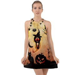 Funny Halloween Design, Pumpkin, Cat, Owl And Crow Halter Tie Back Chiffon Dress by FantasyWorld7