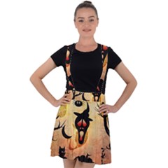 Funny Halloween Design, Pumpkin, Cat, Owl And Crow Velvet Suspender Skater Skirt