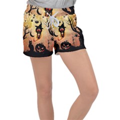 Funny Halloween Design, Pumpkin, Cat, Owl And Crow Women s Velour Lounge Shorts by FantasyWorld7