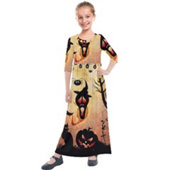 Funny Halloween Design, Pumpkin, Cat, Owl And Crow Kids  Quarter Sleeve Maxi Dress by FantasyWorld7