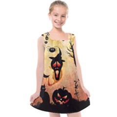 Funny Halloween Design, Pumpkin, Cat, Owl And Crow Kids  Cross Back Dress by FantasyWorld7