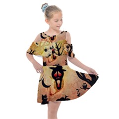 Funny Halloween Design, Pumpkin, Cat, Owl And Crow Kids  Shoulder Cutout Chiffon Dress by FantasyWorld7