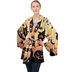 Funny Halloween Design, Pumpkin, Cat, Owl And Crow Long Sleeve Velvet Kimono  by FantasyWorld7